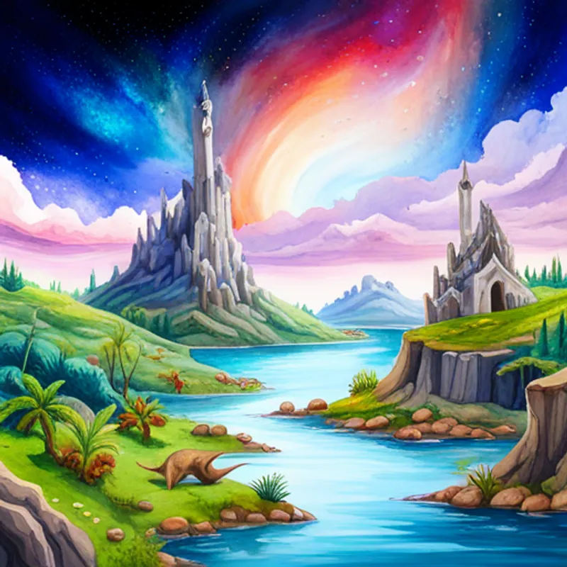 Dinosaurs landed on a colorful planet with a crystal castle