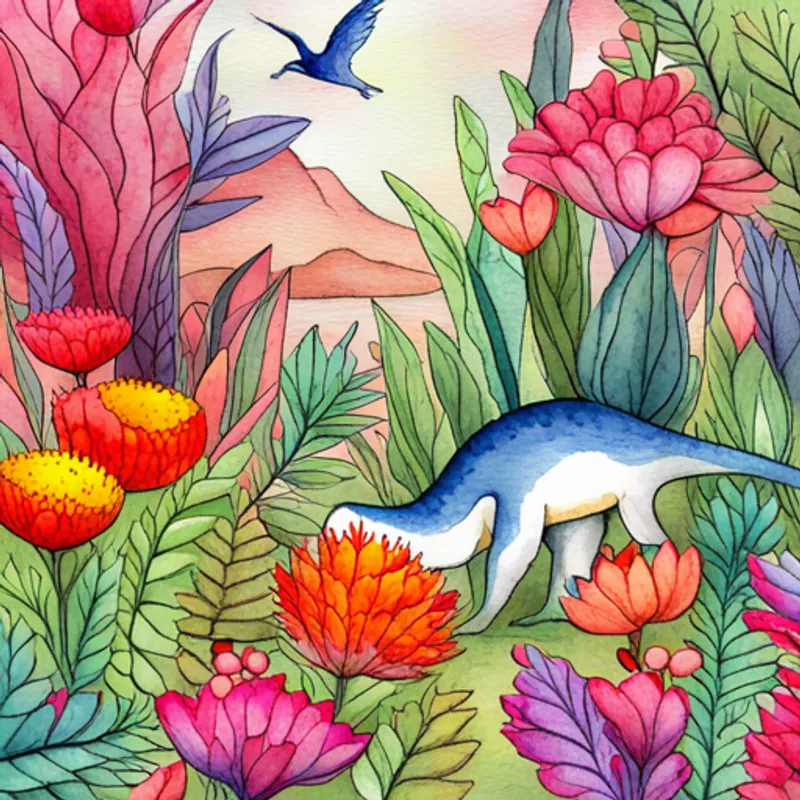 Dinosaurs exploring a sparkly garden with magical flowers
