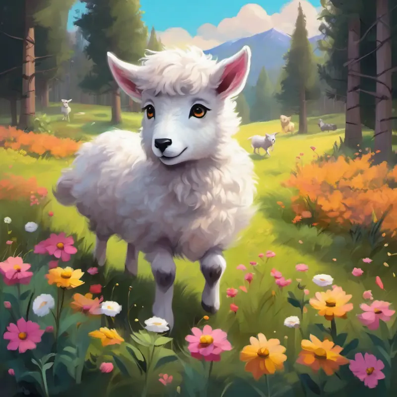 A sunny meadow with colorful flowers and a happy little lamb named Cute little lamb with a white woolly coat, pink ears, and big innocent eyes playing with friendly animals. In the distance, a dark and spooky forest where a sneaky wolf named Sly wolf with grey fur, sharp yellow eyes, and a mischievous grin resides.