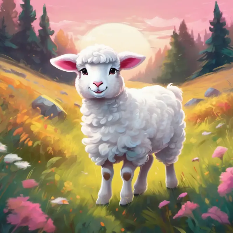 Cute little lamb with a white woolly coat, pink ears, and big innocent eyes happily walking in the meadow, unaware of the lurking wolf watching her with a mischievous grin.