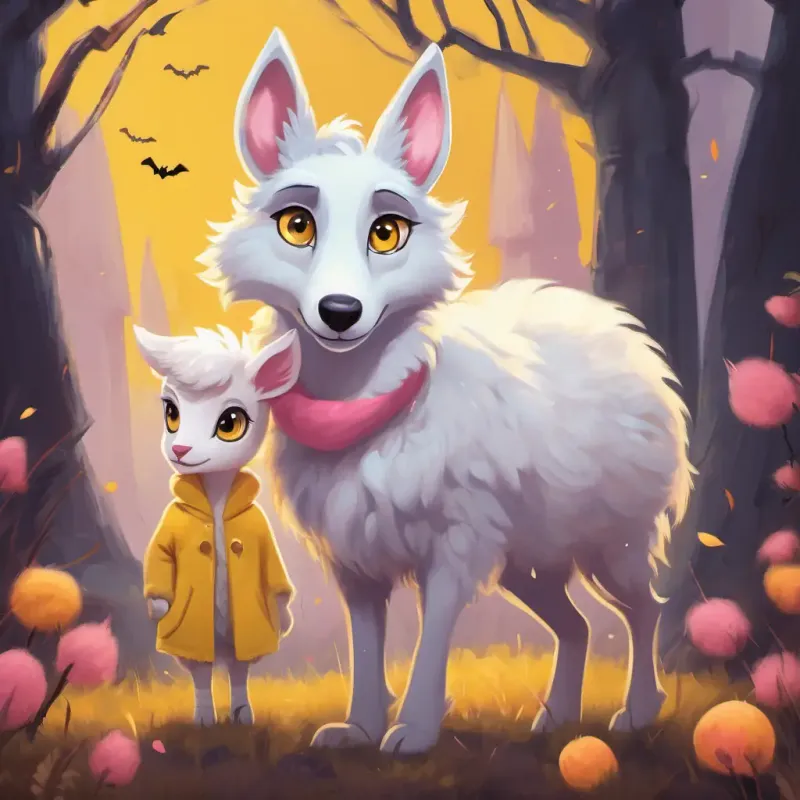 Sly wolf with grey fur, sharp yellow eyes, and a mischievous grin pretending to be friendly, standing next to Cute little lamb with a white woolly coat, pink ears, and big innocent eyes, who looks unsure and cautious.