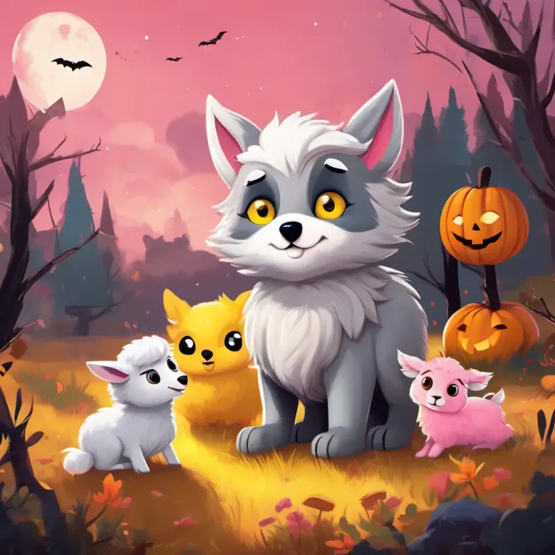 Sly wolf with grey fur, sharp yellow eyes, and a mischievous grin showing his angry face, while Cute little lamb with a white woolly coat, pink ears, and big innocent eyes and the other friendly animals watch him from a distance with cautious curiosity.