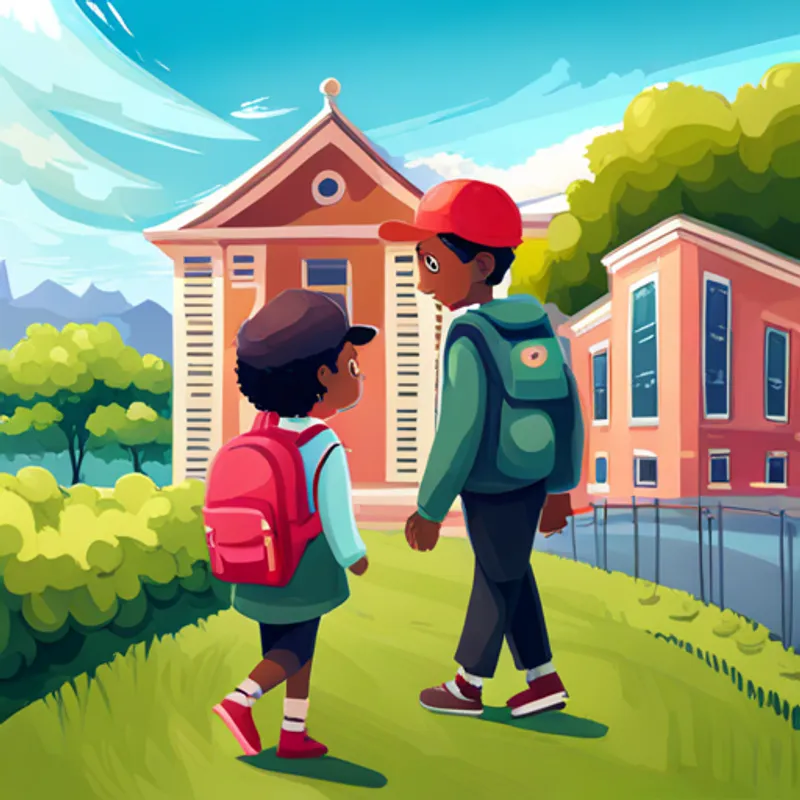 Kind, black girl with a bright pink backpack and Friendly, white boy with a red cap outside their new school