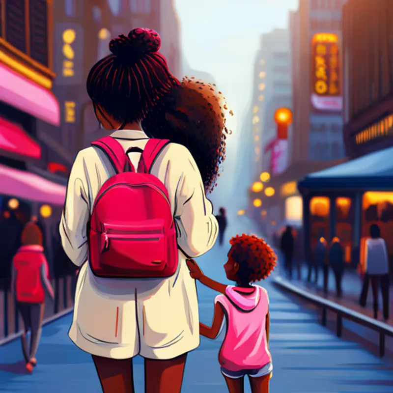 Kind, black girl with a bright pink backpack showing a big apple to her friends