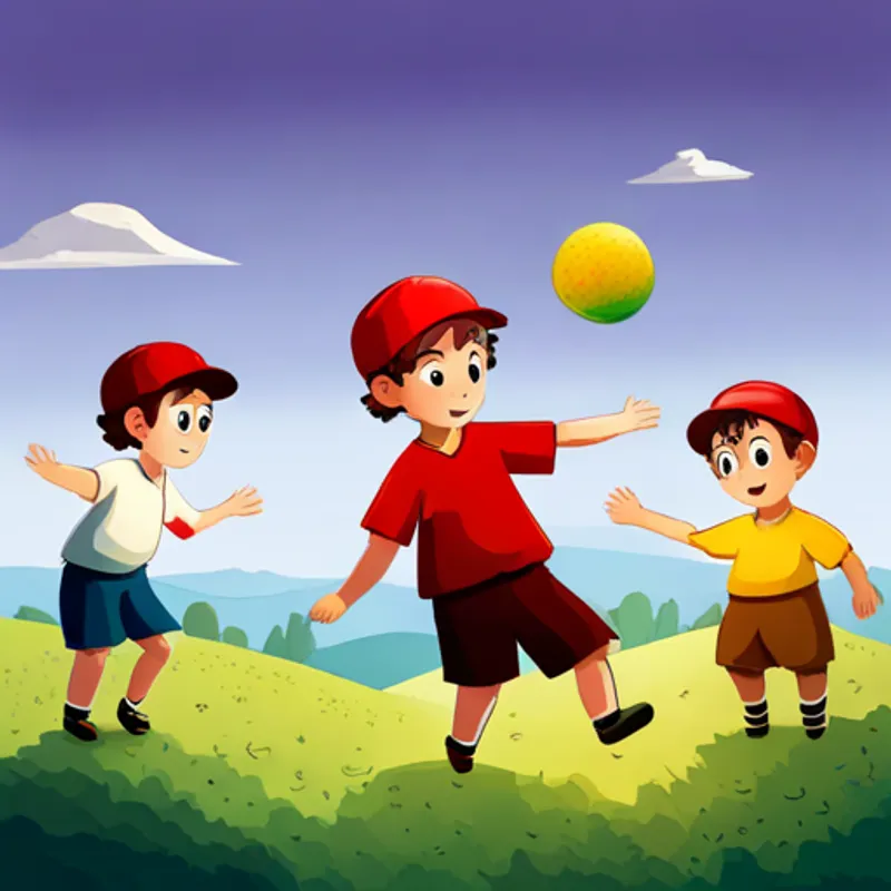Friendly, white boy with a red cap bouncing a ball and teaching his friends