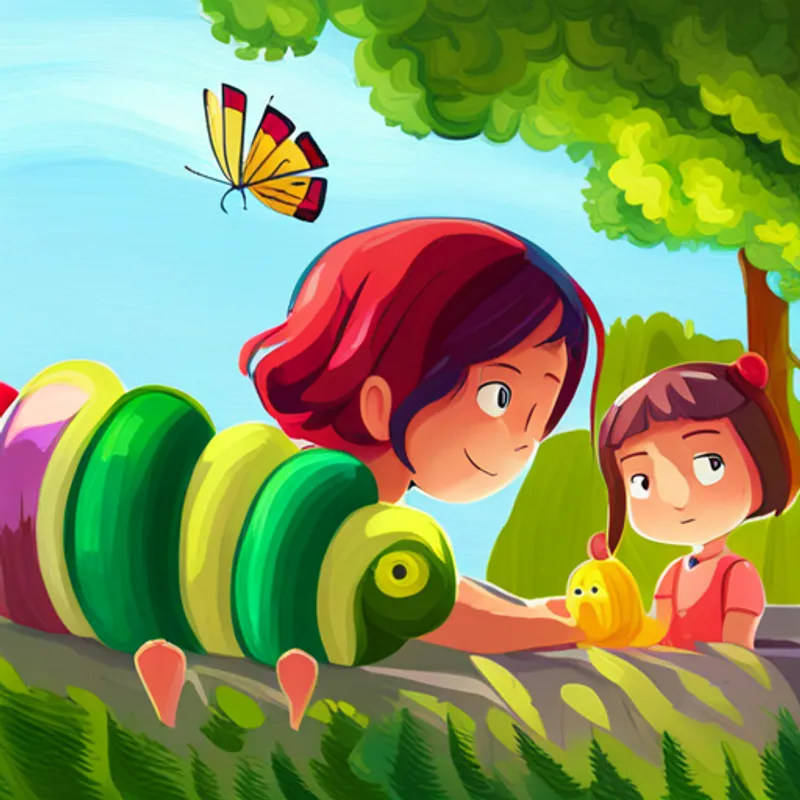 girls looking at a colorful caterpillar