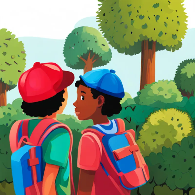 Kind, black girl with a bright pink backpack and Friendly, white boy with a red cap with their diverse group of friends