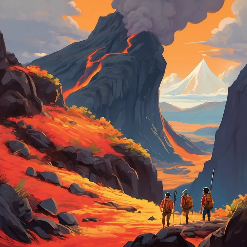 As they ventured deep into the unexplored part of Esperanza, King Theodore and Prince William stumbled upon a magnificent volcano named Mount Firestone. Souvenirs from the volcano would make a perfect addition to their treasure collection, so they decided to climb it even though it seemed a bit dangerous. As they climbed higher and higher, they felt the heat intensify. Streams of lava flowed gracefully down the volcano's sides, painting a mesmerizing picture. Suddenly, they noticed something rustling in the bushes nearby. Curious, they cautiously approached, only to find a family of adorable creatures called fire foxes.