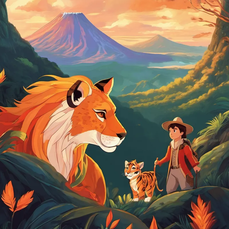 The fire foxes, known for their ability to withstand extreme temperatures, happily welcomed King Theodore and Prince William. They showed them secret passages within the volcano, leading them to a hidden chamber filled with breathtaking jewels. Amazed by the beauty, King Theodore and Prince William decided to leave them undisturbed and head back outside. When they finally reached the bottom of the volcano, they heard loud roars coming from the nearby forest. Worried yet excited, they followed the sound and discovered a group of majestic yet fierce animals. There was a lion, an elephant, a tiger, and even a spotted leopard.