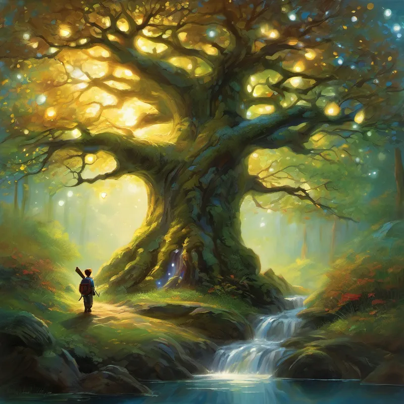 Days turned into nights, and nights turned into days as Humphrey trekked through dark forests and crossed babbling brooks. But each time he felt tired, he remembered his dream of finding the magical tree, which gave him strength to carry on. Finally, after what felt like a lifetime of adventures, Humphrey stumbled upon a dazzling sight. Before him stood the legendary magical tree, its branches glistening with shimmering lights. Humphrey's heart leaped with joy as he approached the tree with reverence.