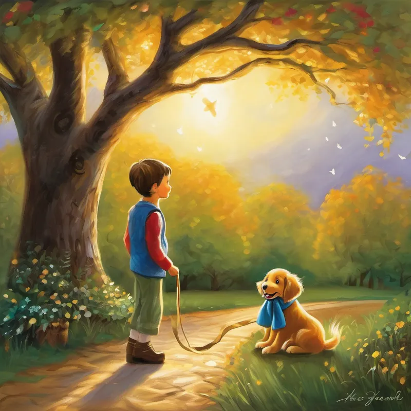 Filled with happiness, Humphrey knew that his wish had come true. With a skip in his step, he started his journey back home, his heart full of contentment. Word spread quickly throughout the town about the magical tree and how Humphrey had selflessly wished for the happiness of others. From that day forward, every child in the town found an endless supply of joy and laughter in their lives, thanks to Humphrey and the magical tree. And every night, before drifting off to sleep, the children would look up at the stars, sending their heartfelt thanks and love to the golden retriever who made their dreams come true.