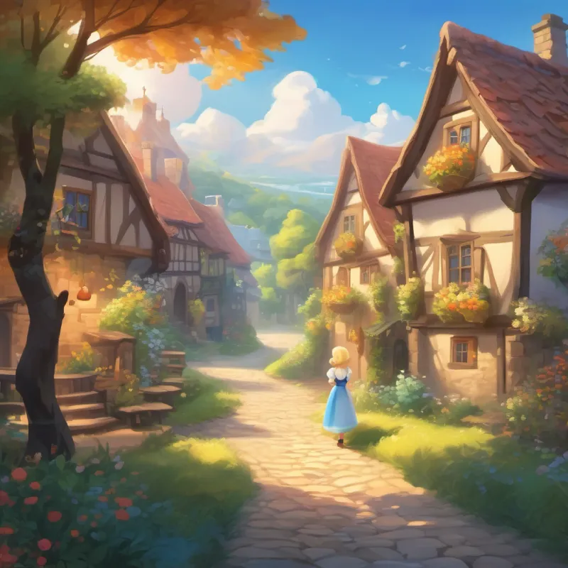 Introduction of Blond hair, big blue eyes, magical mood-responsive dress and the village, setting the scene.