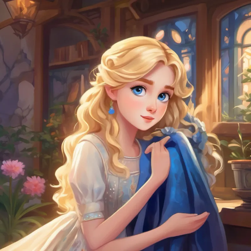 Blond hair, big blue eyes, magical mood-responsive dress's emotional reward, dress showing fulfillment.