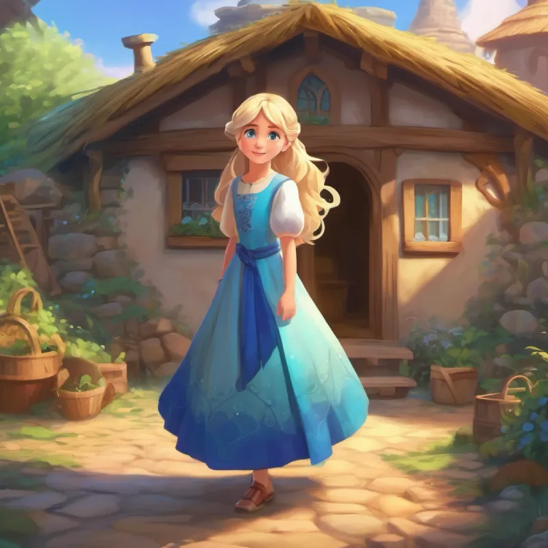 Blond hair, big blue eyes, magical mood-responsive dress preparing to explore, interacting with villagers.