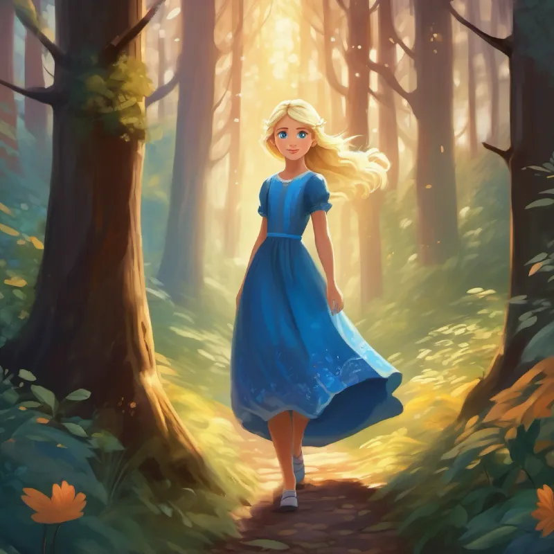 Blond hair, big blue eyes, magical mood-responsive dress entering the forest, familiarity with the environment.