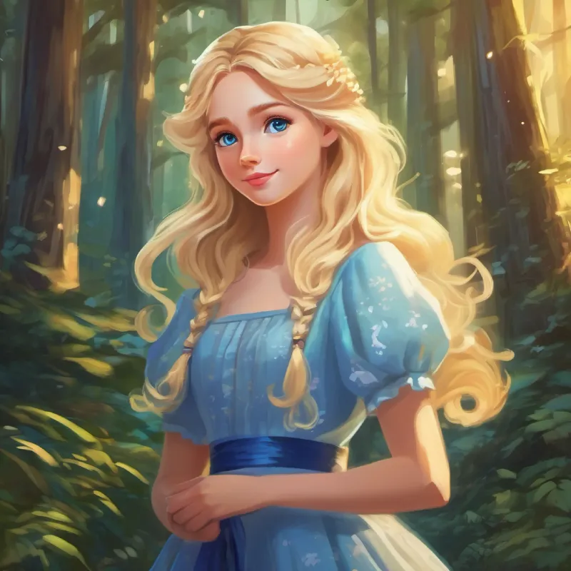 Blond hair, big blue eyes, magical mood-responsive dress's dress changing color, becoming in sync with the forest.