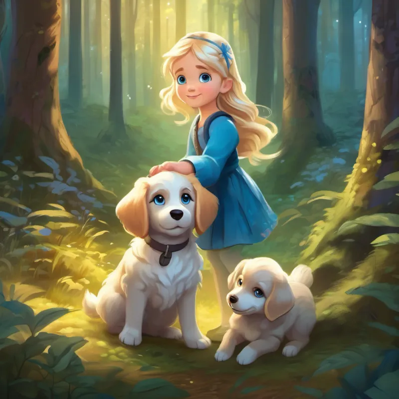 Blond hair, big blue eyes, magical mood-responsive dress finding a lost puppy in the forest.