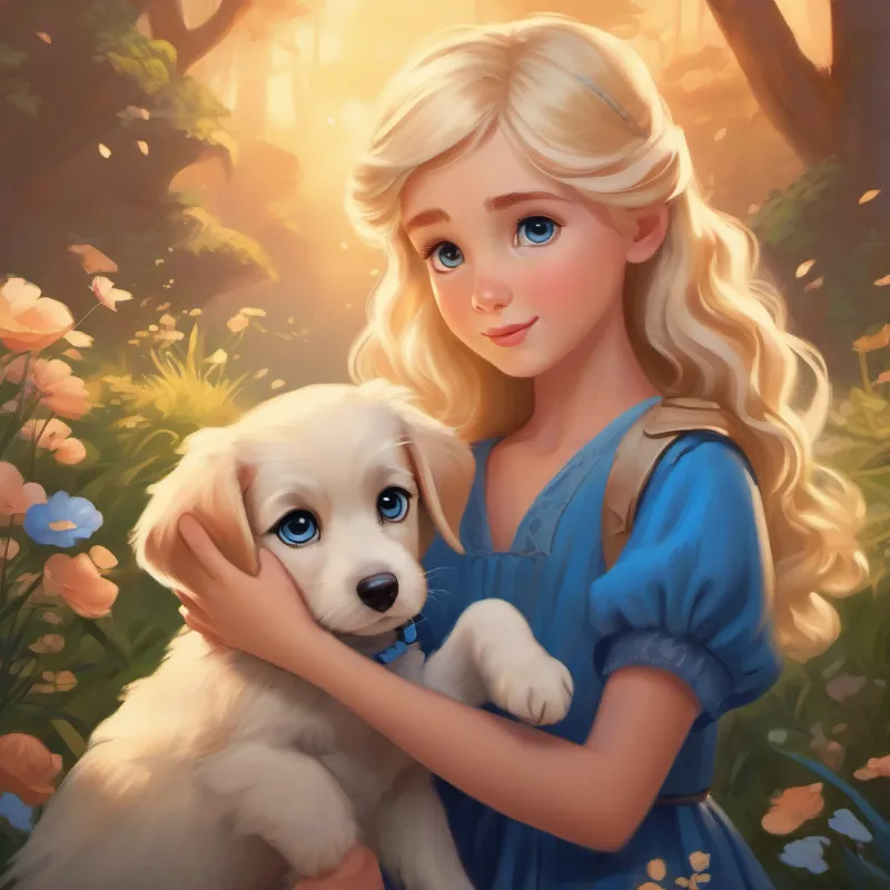 Blond hair, big blue eyes, magical mood-responsive dress comforting the lost puppy, showing empathy.