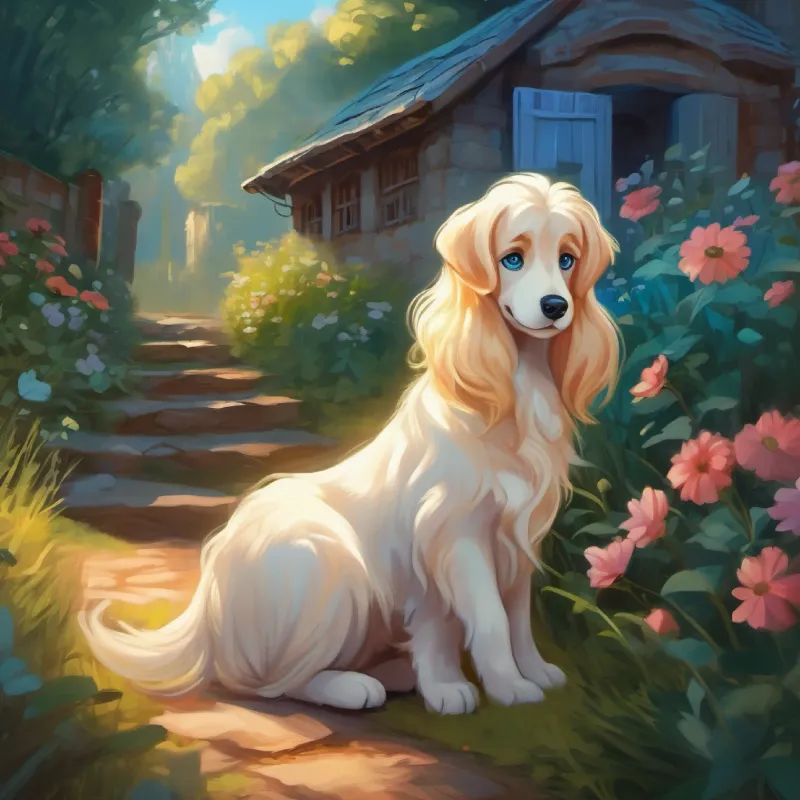 Searching for the puppy's home, Blond hair, big blue eyes, magical mood-responsive dress's dress portraying compassion.