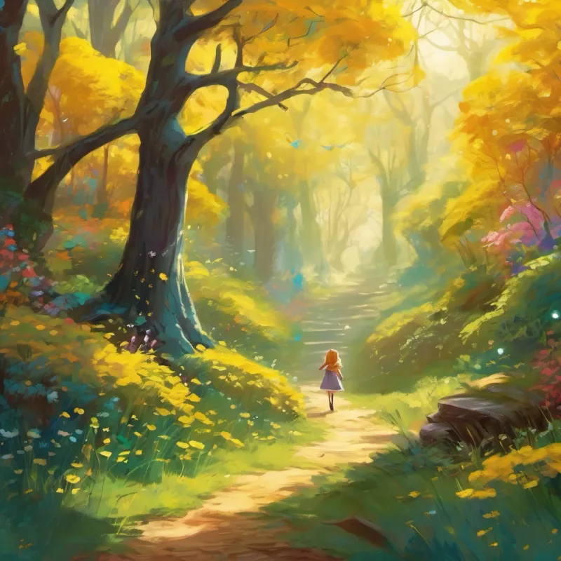 "I wish to discover something magical today," Alice thought to herself as she wandered deeper into the woods. The trees seemed to whisper secrets as she passed, and a gentle breeze guided her steps. It wasn't long before she stumbled upon a peculiar, grinning cat perched on a branch. His fur was a swirling kaleidoscope of colors, and he had the biggest grin Alice had ever seen. "Hello, who might you be?" Alice inquired with a mix of curiosity and delight. a curious girl named Alice. She had long blond hair that shimmered in the sunlight, big blue eyes filled with wonder, and a magical dress that changed colors with her mood. Today, her dress was a bright shade of yellow, for she felt adventurous and eager to explore.