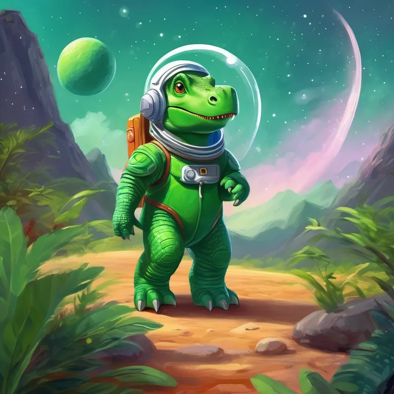 A green dinosaur with a spacesuit and helmet. dreams of going to space