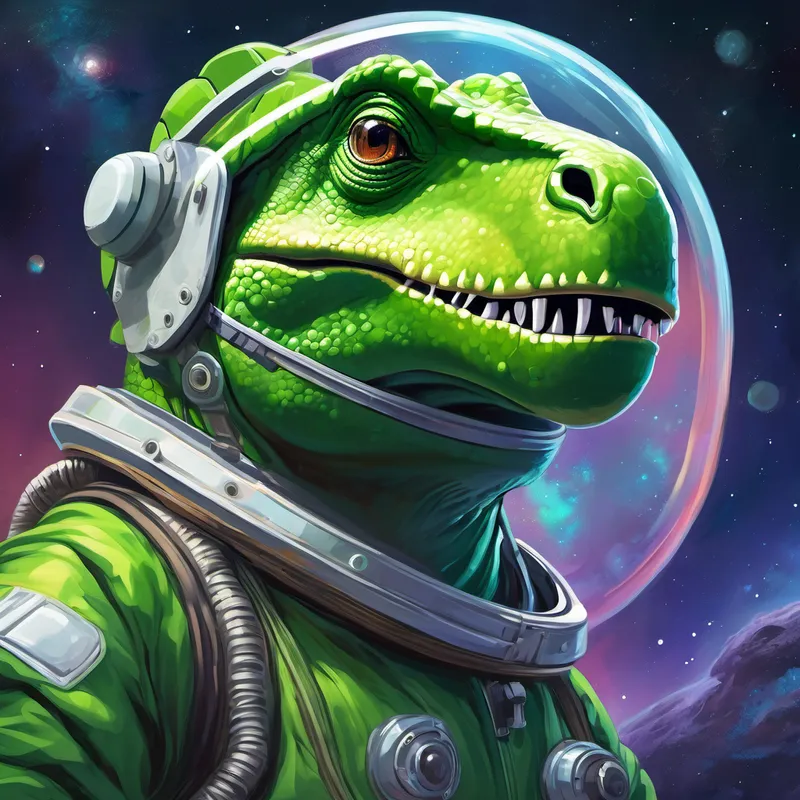 A green dinosaur with a spacesuit and helmet. studies and trains to become an astronaut
