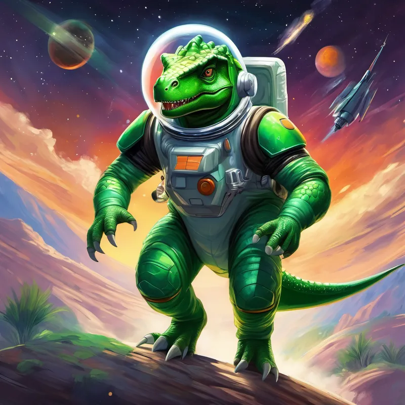 A green dinosaur with a spacesuit and helmet. blasts off into space