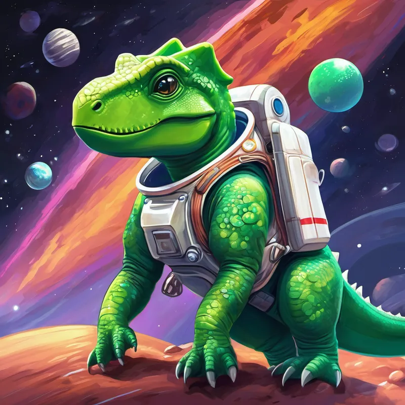 A green dinosaur with a spacesuit and helmet. explores planets and learns new things