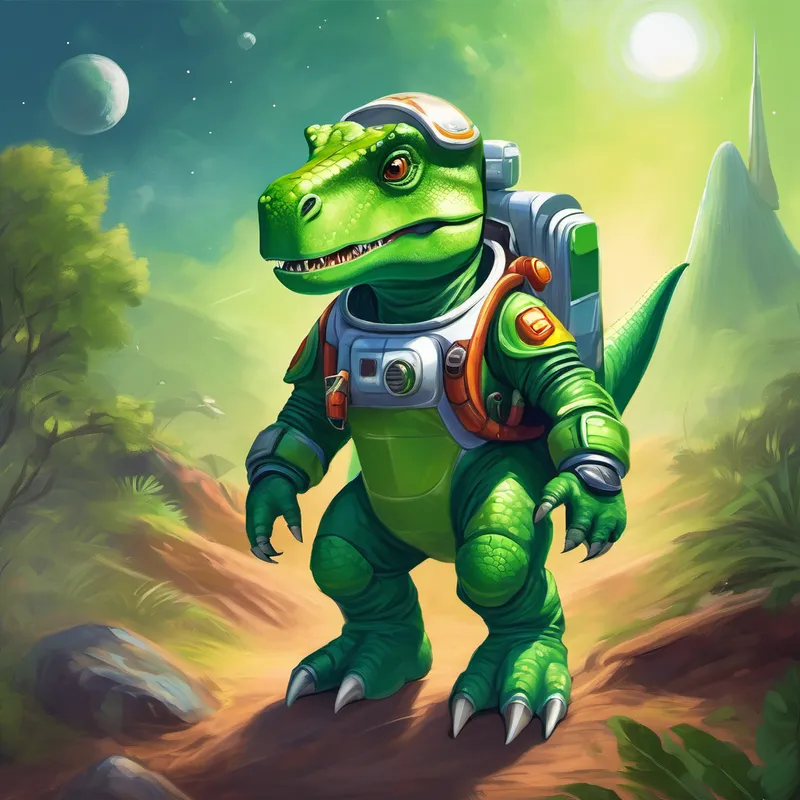 A green dinosaur with a spacesuit and helmet. works hard and never gives up