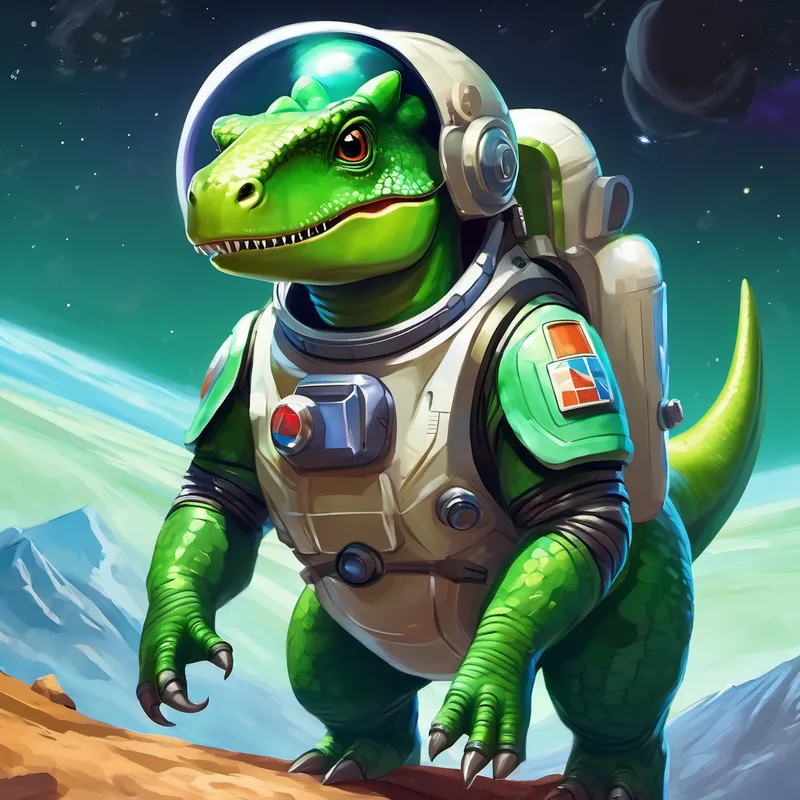 A green dinosaur with a spacesuit and helmet. returns to Earth, proud of learning