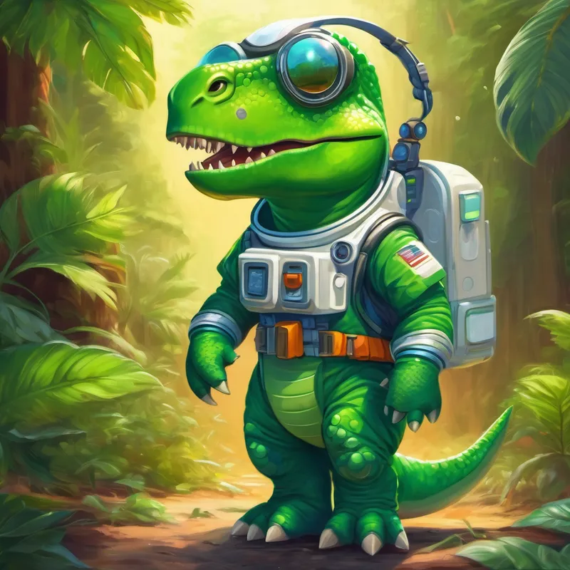 A green dinosaur with a spacesuit and helmet. shares knowledge and makes dreams come true