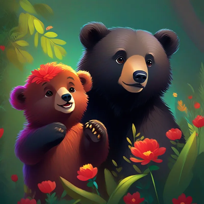 Arun, a playful bear cub with a mischievous glint in his eyes., holding a vibrant flower, peering over his shoulder with excitement. Anchal, a gentle bear cub with a loving heart., curiously approaching, wondering what Arun has found.