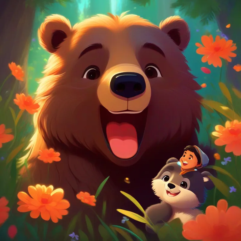 Arun, a playful bear cub with a mischievous glint in his eyes., beaming with excitement, showing Anchal, a gentle bear cub with a loving heart. the radiant flower in his paws. Anchal, captivated by the flower's beauty, smiling in awe.