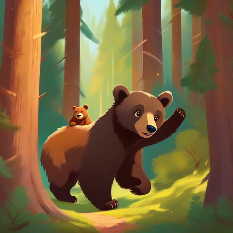 Arun, a playful bear cub with a mischievous glint in his eyes. and Anchal, a gentle bear cub with a loving heart., frolicking side by side, amidst the enchanting forest of Whispering Pines.