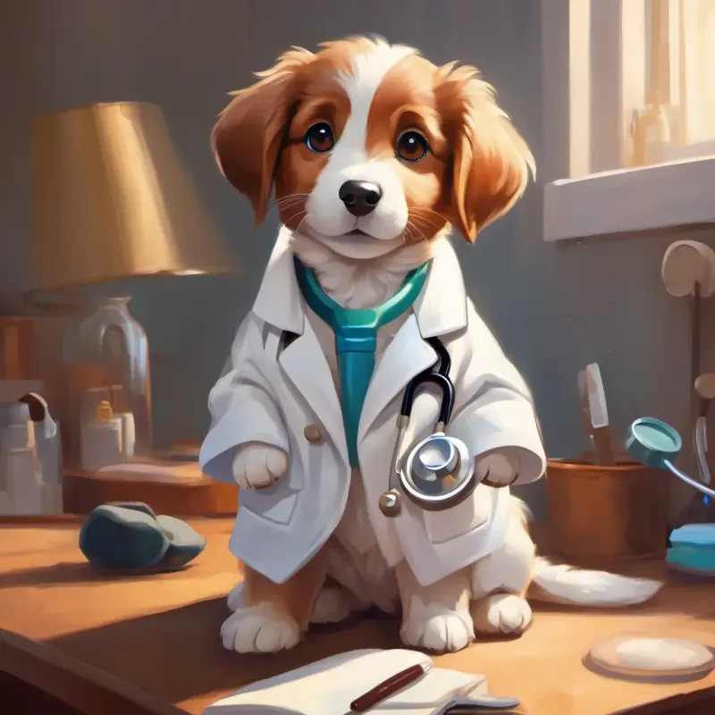 Morning, Brown puppy with caring eyes, wearing a white coat and stethoscope getting ready, excited for the day