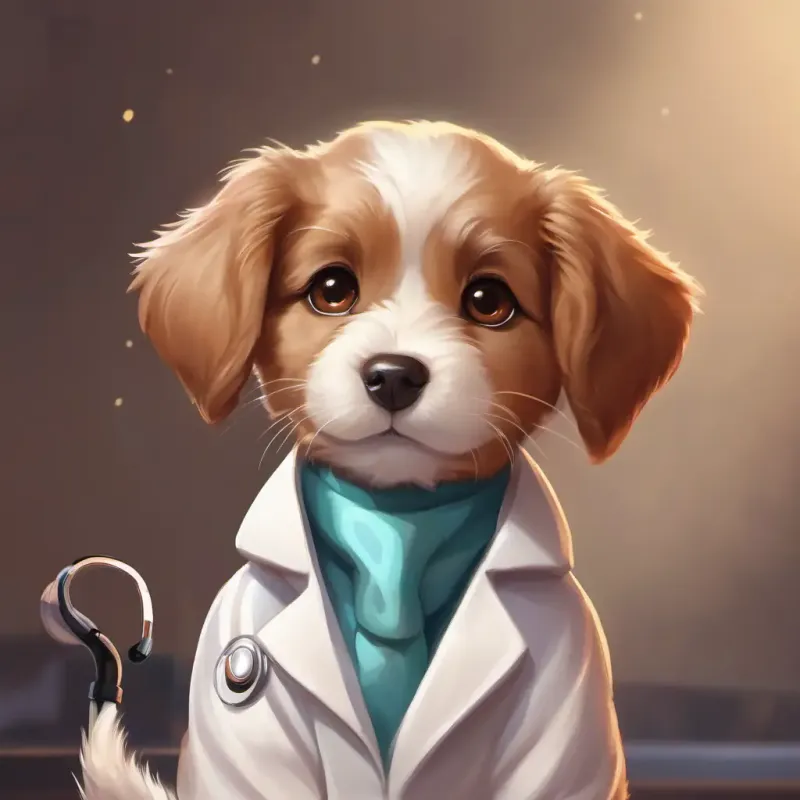 Brown puppy with caring eyes, wearing a white coat and stethoscope reminiscing about his studies, proud to be a vet