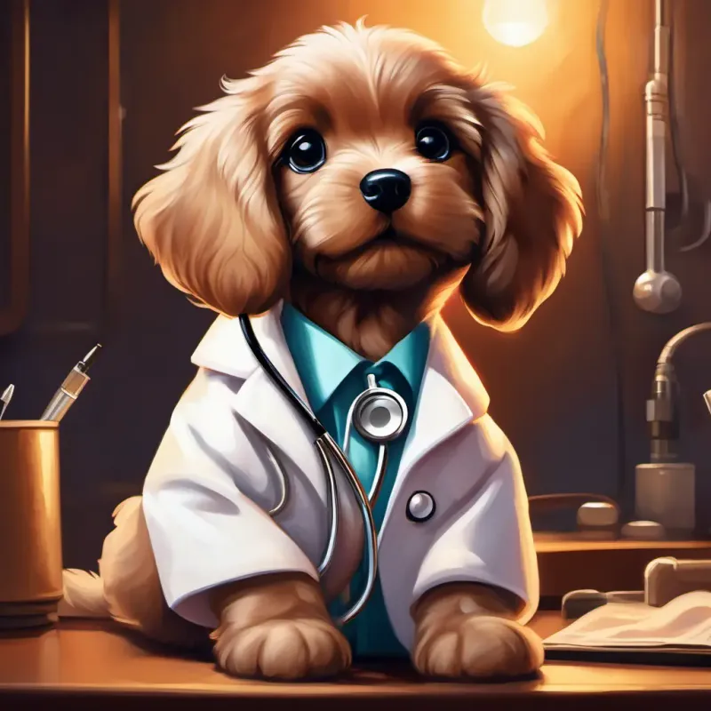End of work day, Brown puppy with caring eyes, wearing a white coat and stethoscope feeling content with his work