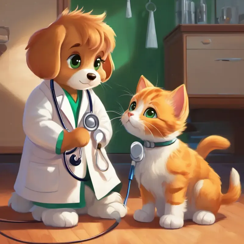 Brown puppy with caring eyes, wearing a white coat and stethoscope starting work, going to see his first patient, Small orange tabby cat with big green eyes, sounding hoarse