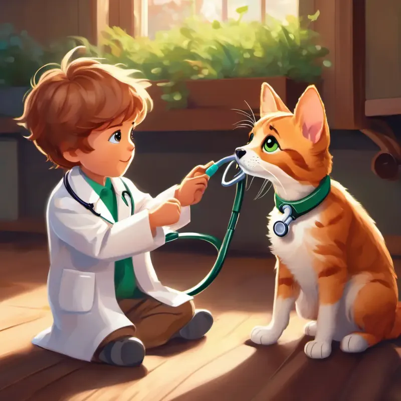 Brown puppy with caring eyes, wearing a white coat and stethoscope examining Small orange tabby cat with big green eyes, sounding hoarse, being kind and attentive