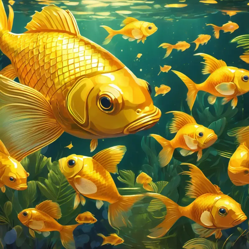 Meeting Golden fish with shimmering scales, swimming sluggishly, showing empathy and reassurance