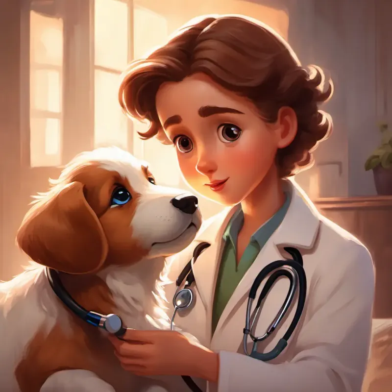 Brown puppy with caring eyes, wearing a white coat and stethoscope comforting a frightened patient, making friends