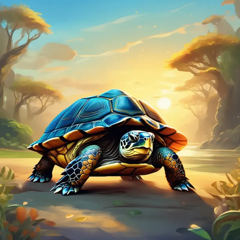 Healing Older turtle with a cracked shell, moving slowly, providing comfort and assurance