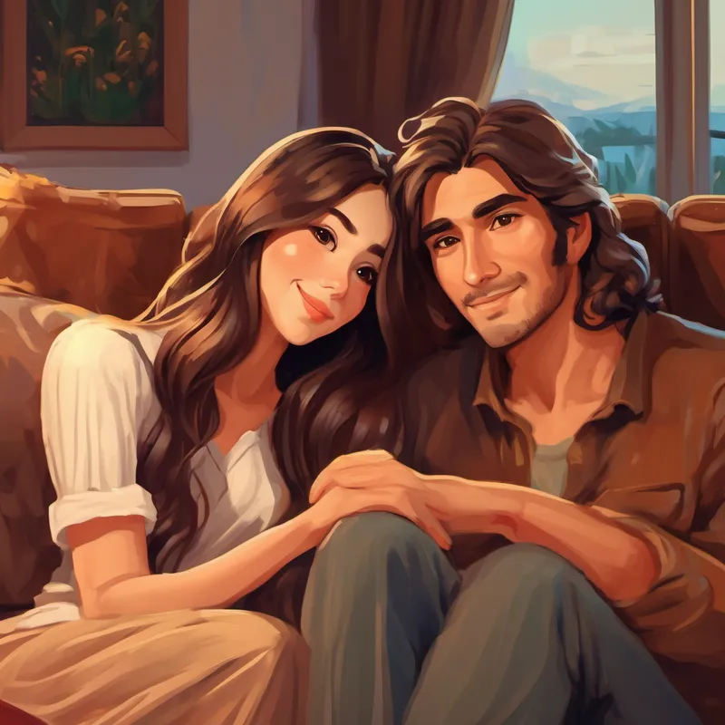 A beautiful and creative wife, with long flowing hair and A kind and loving husband, with warm brown eyes sitting on a cozy couch