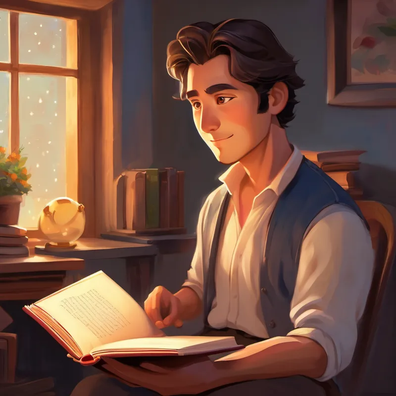 A kind and loving husband, with warm brown eyes holding a book of bedtime stories