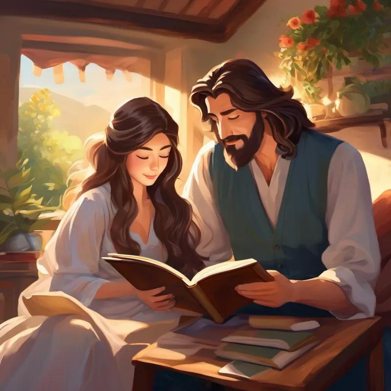A kind and loving husband, with warm brown eyes reading a story to A beautiful and creative wife, with long flowing hair