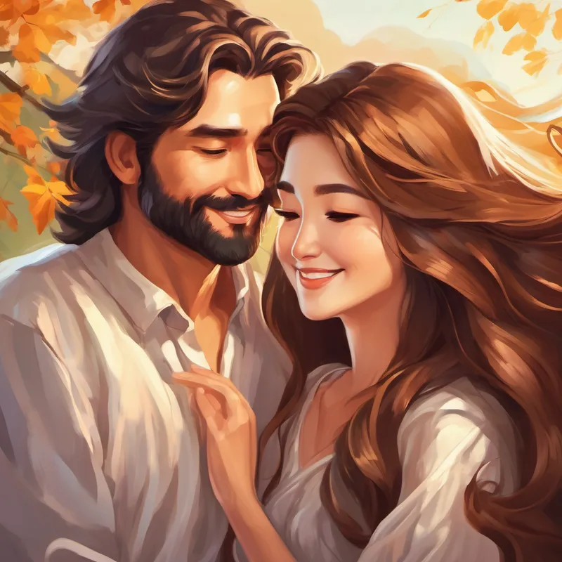 A kind and loving husband, with warm brown eyes and A beautiful and creative wife, with long flowing hair smiling together