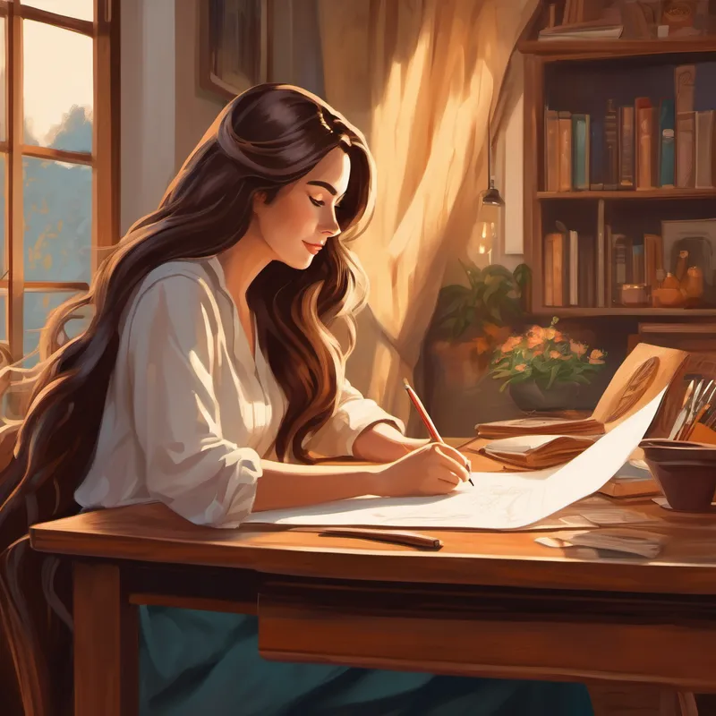 A beautiful and creative wife, with long flowing hair writing at a desk while A kind and loving husband, with warm brown eyes listens