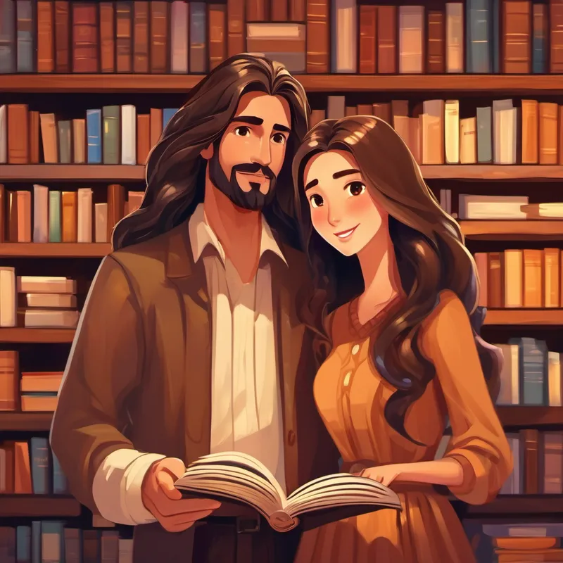 A kind and loving husband, with warm brown eyes and A beautiful and creative wife, with long flowing hair holding hands, surrounded by books