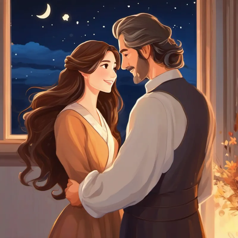A kind and loving husband, with warm brown eyes and A beautiful and creative wife, with long flowing hair saying goodnight to each other