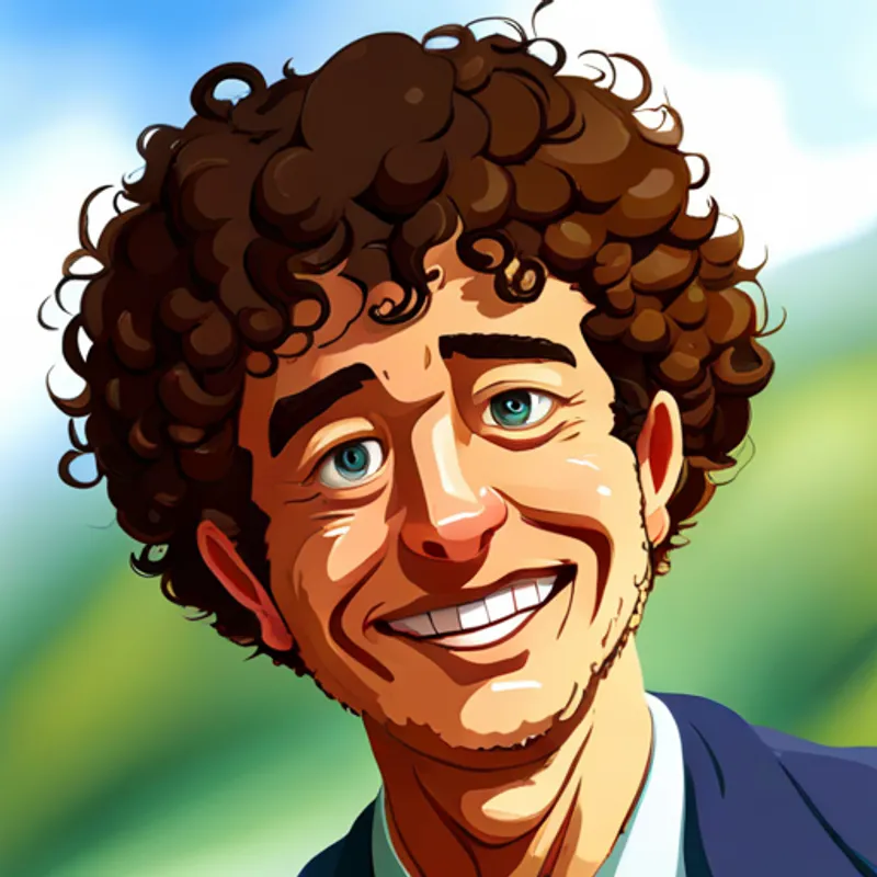 The Tall boy with curly hair and friendly eyes. laughing with something on his shoulder